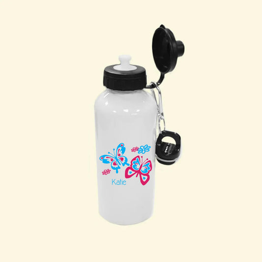 A white aluminium water bottle with a butterfly design and the name Katie printed on the front.