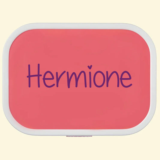 Pink campus lunch box with the name Hermione printed across the lid.