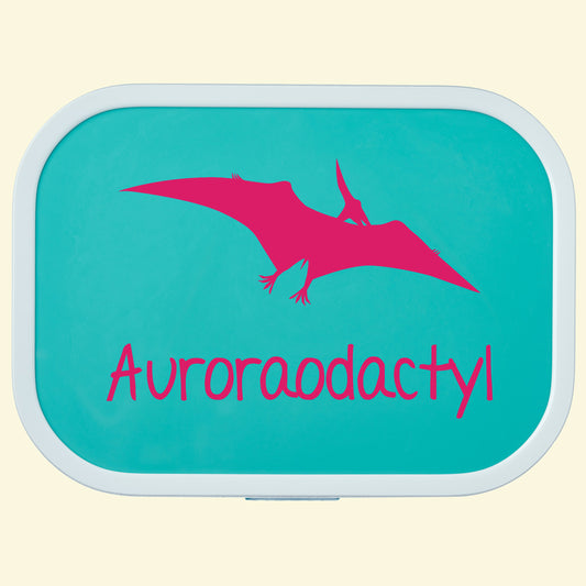 Turquoise lunch box with a Pterodactyl dinosaur and the name Auroraodactyl printed on the front of the lid.