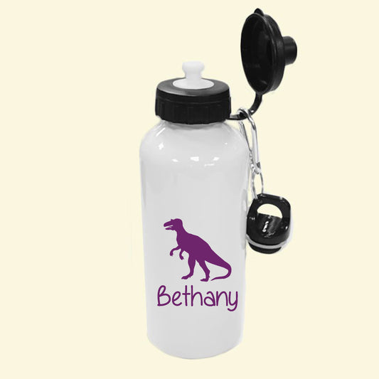 White aluminium water bottle with a t rex dinosaur and the name Bethany in purple printed on the front.