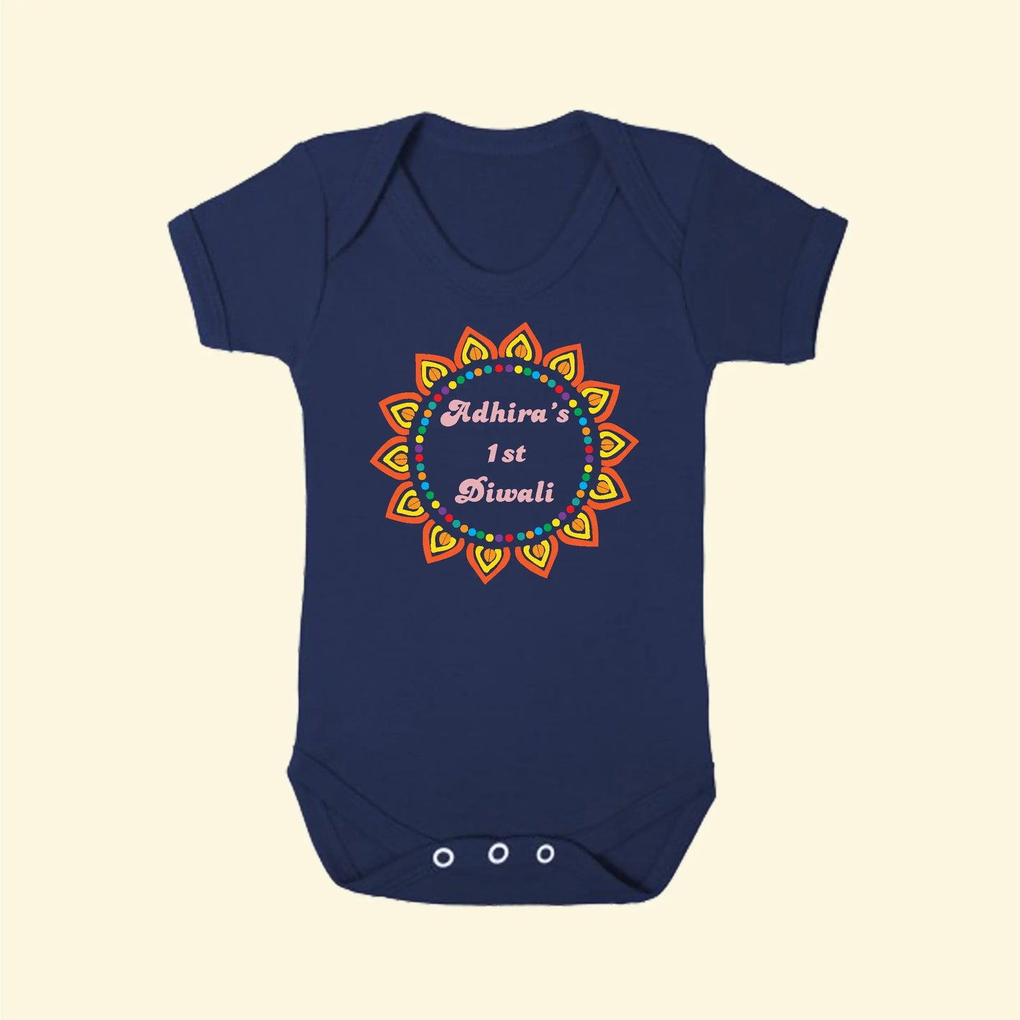 Navy babygrow with a Diwali design and Adhira's 1st Diwali printed on the front