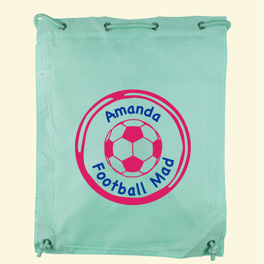 Mint green gym bag with a football illustration and the text Amanda Football Mad printed on the front