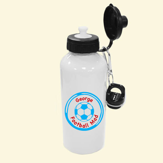 White aluminium water bottle with a football design and the text George Football Mad printed with sublimation on the front