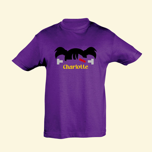 Purple t shirt with frankenstine kid design and the name Charlotte, fun t shirt for Halloween