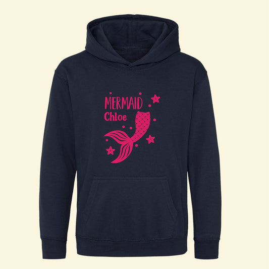 Navy hoodie with a mermaid's tail and star fishes with the text Mermaid Chloe printed on the front in pink