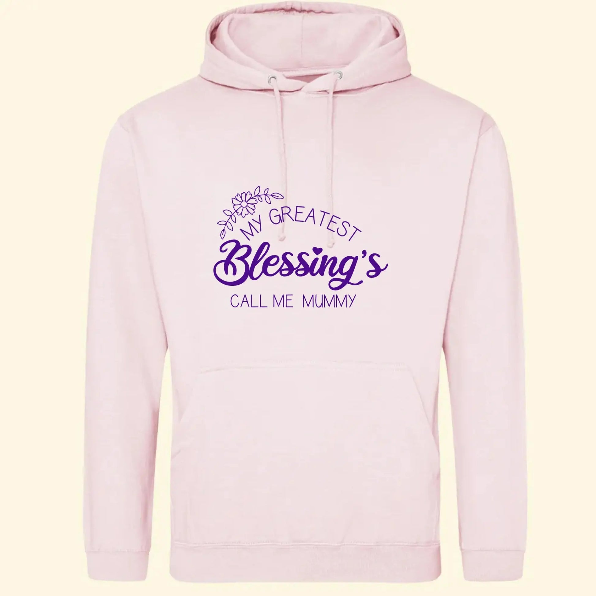 Light pink hoodie with the text My Greatest Blessings Call Me Mummy with a flower design printed on the front