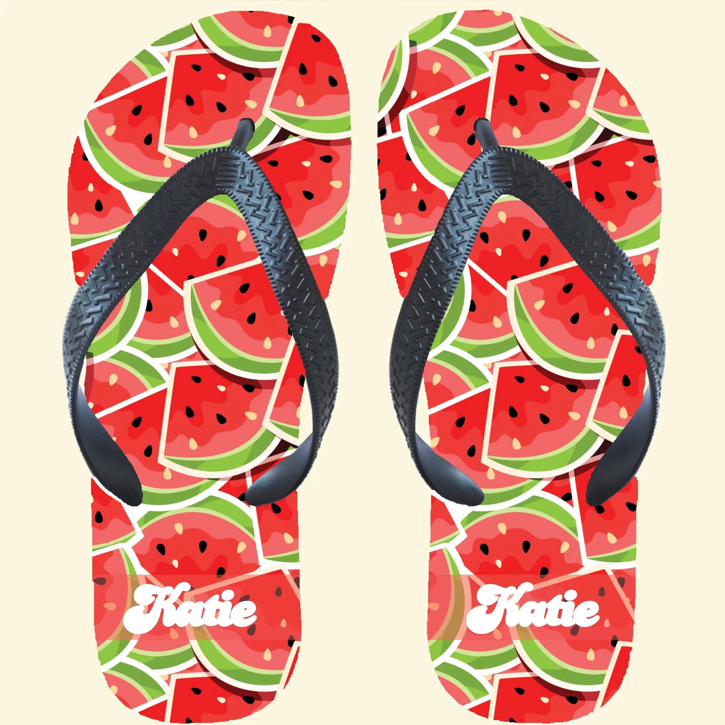 Flip flops with melons covering the base of the flip flop. The name Katie printed at the base of the flip flop in white. Choose from many designs.