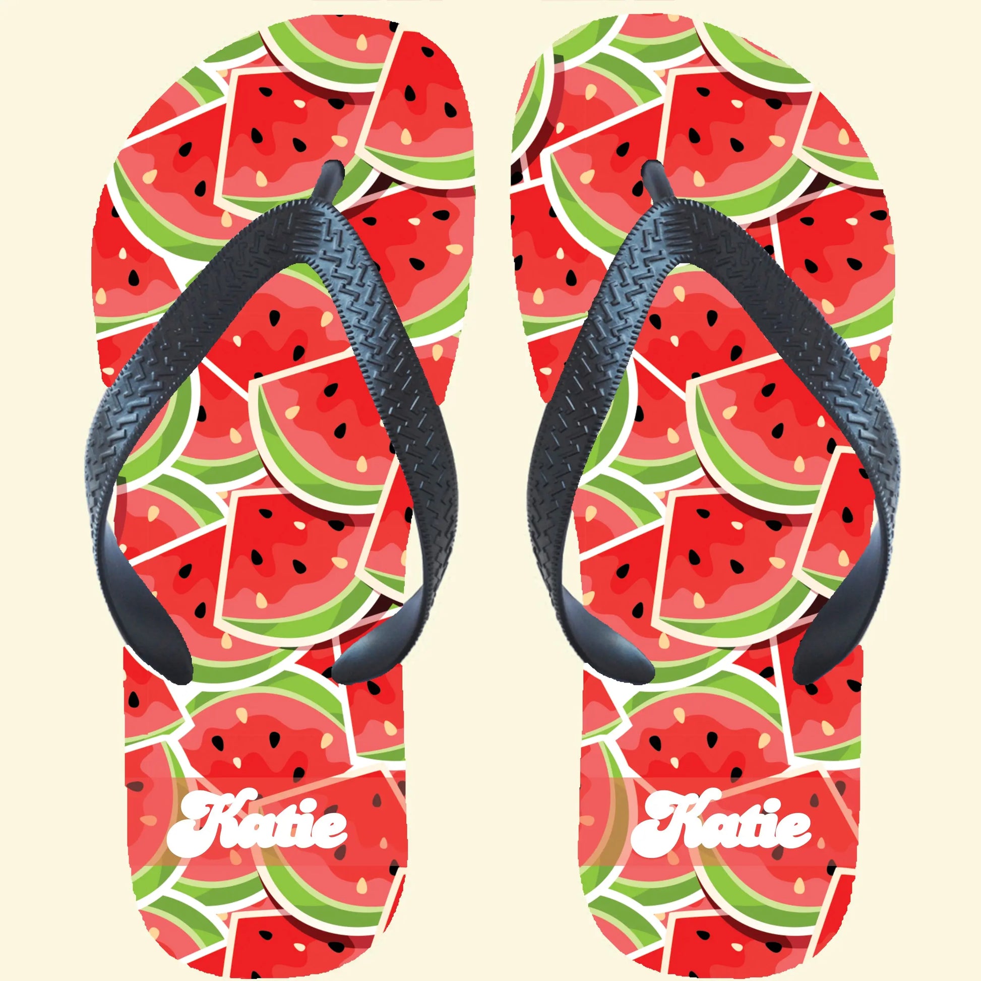 Flip flops with melons covering the base of the flip flop. The name Katie printed at the base of the flip flop in white. Choose from many designs.