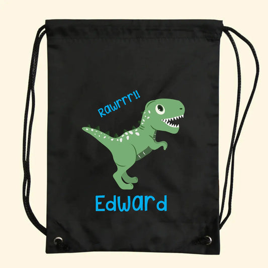 Black gym swim bag with a dinosaur and the text Rawrrr! and the name Edward printed in blue on the front