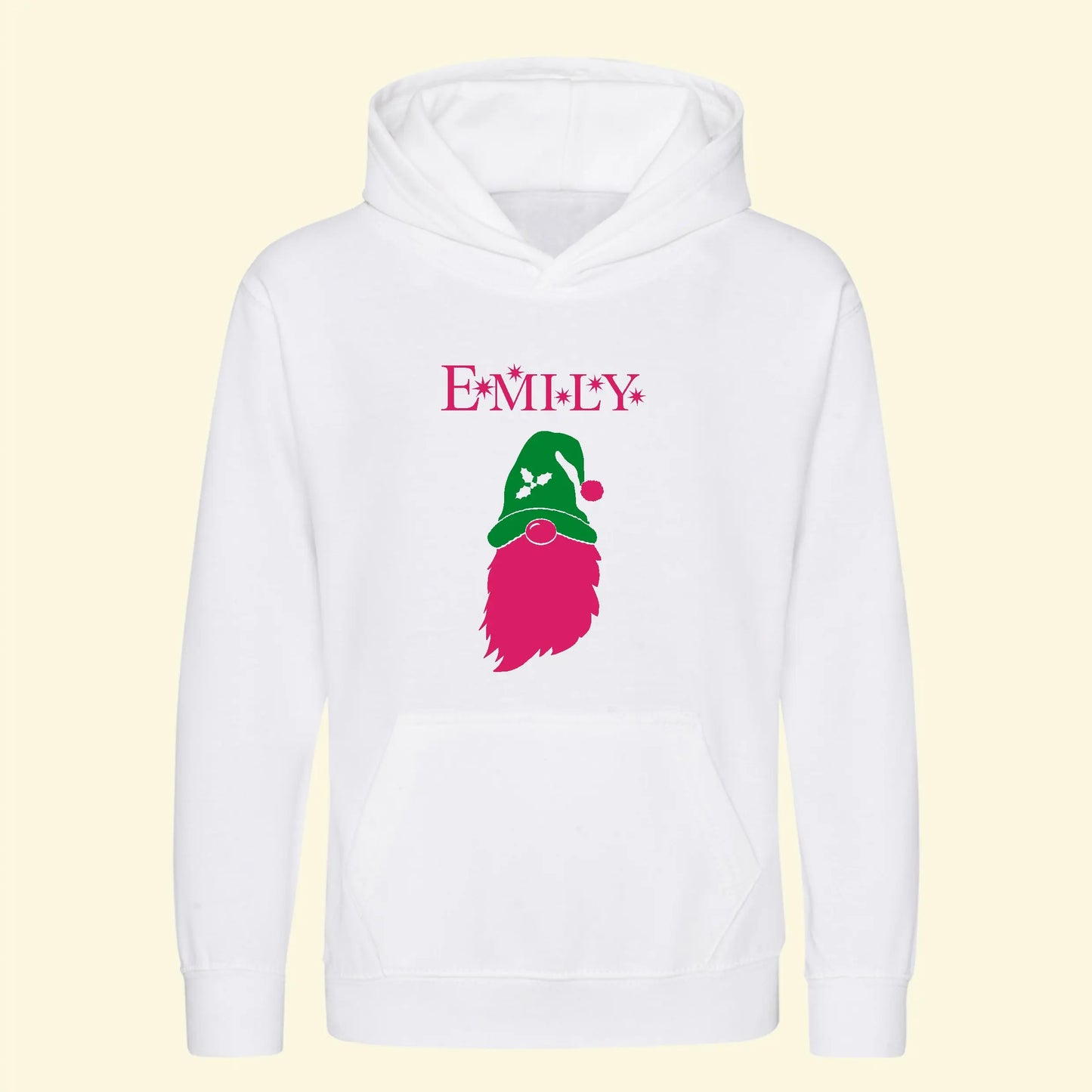 White hoodie with a gonk design on the front with the name Emily. The gonk has a green hat with a holly design, the gonk is pink.