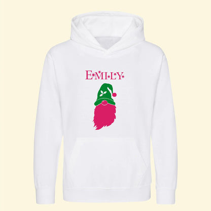White hoodie with a gonk design on the front with the name Emily. The gonk has a green hat with a holly design, the gonk is pink.