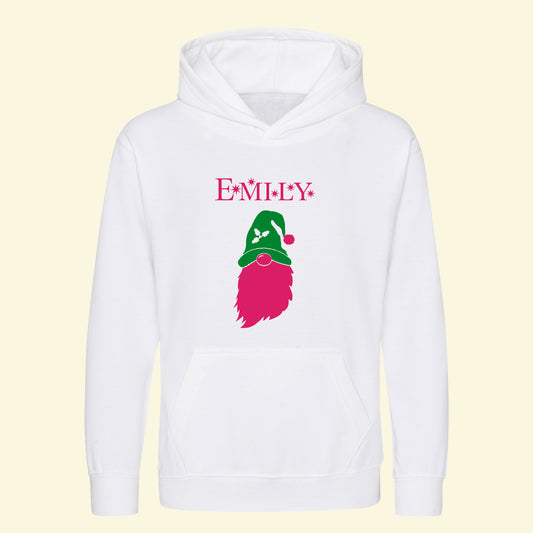 White hoodie with a gonk design on the front with the name Emily. The gonk has a green hat with a holly design, the gonk is pink.