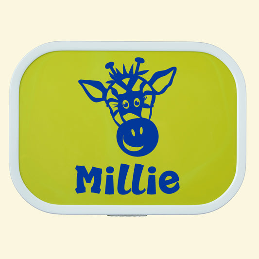 Lime green lunch box with a cute giraffe design and the name Millie printed on the lid