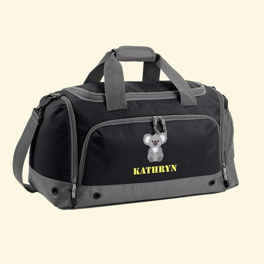 Black sports bag with a cute Koala and the name Kathryn printed on the front pocket