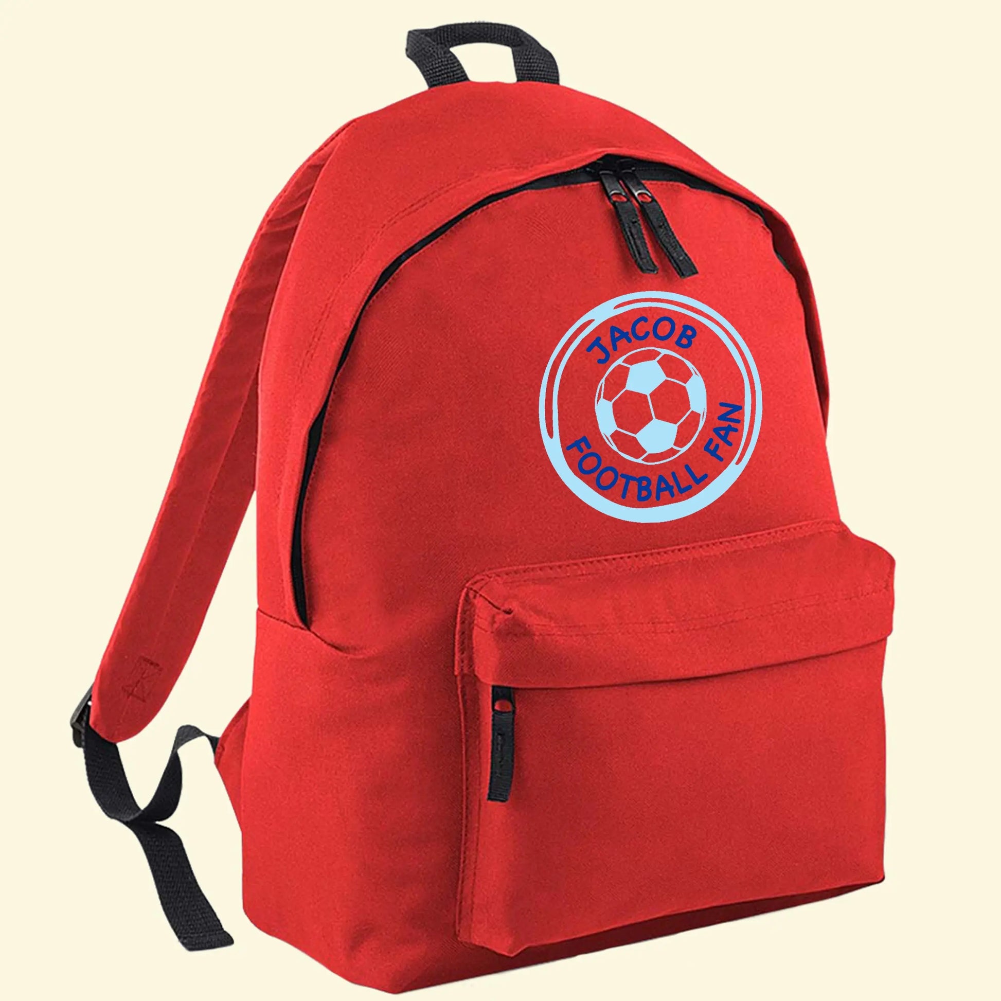Red backpack with a football image and the name Jacob and text Football Fan in the design. Printed on the front, above the pocket.