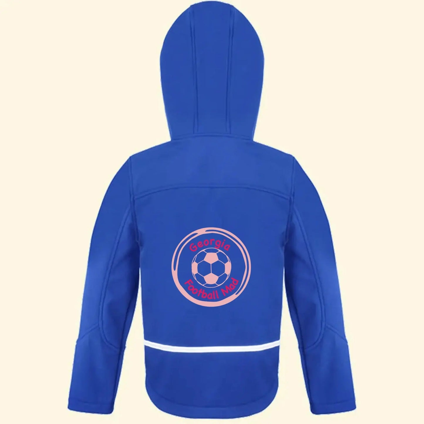 Blue softshell jacket with a football illustration in light pink and the name Georgia and Football Mad printed in fuchsia pink in the design on the back of the jacket