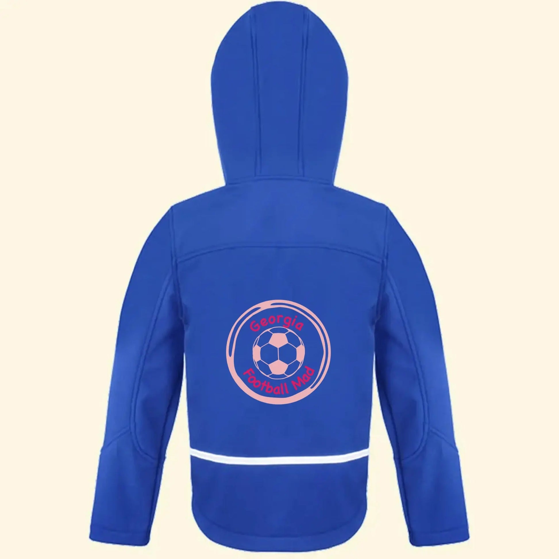 Blue softshell jacket with a football illustration in light pink and the name Georgia and Football Mad printed in fuchsia pink in the design on the back of the jacket