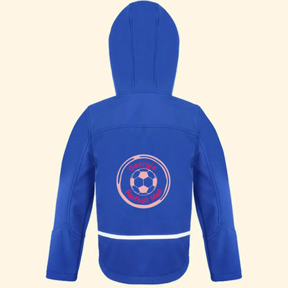Blue softshell jacket with a football illustration in light pink and the name Georgia and Football Mad printed in fuchsia pink in the design on the back of the jacket