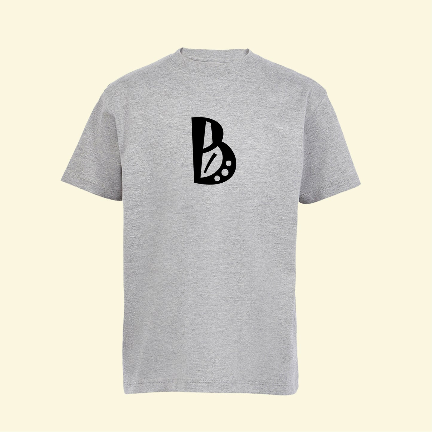 Grey t shirt with a capital B in funstuff font printed in black on the front of the t shirt