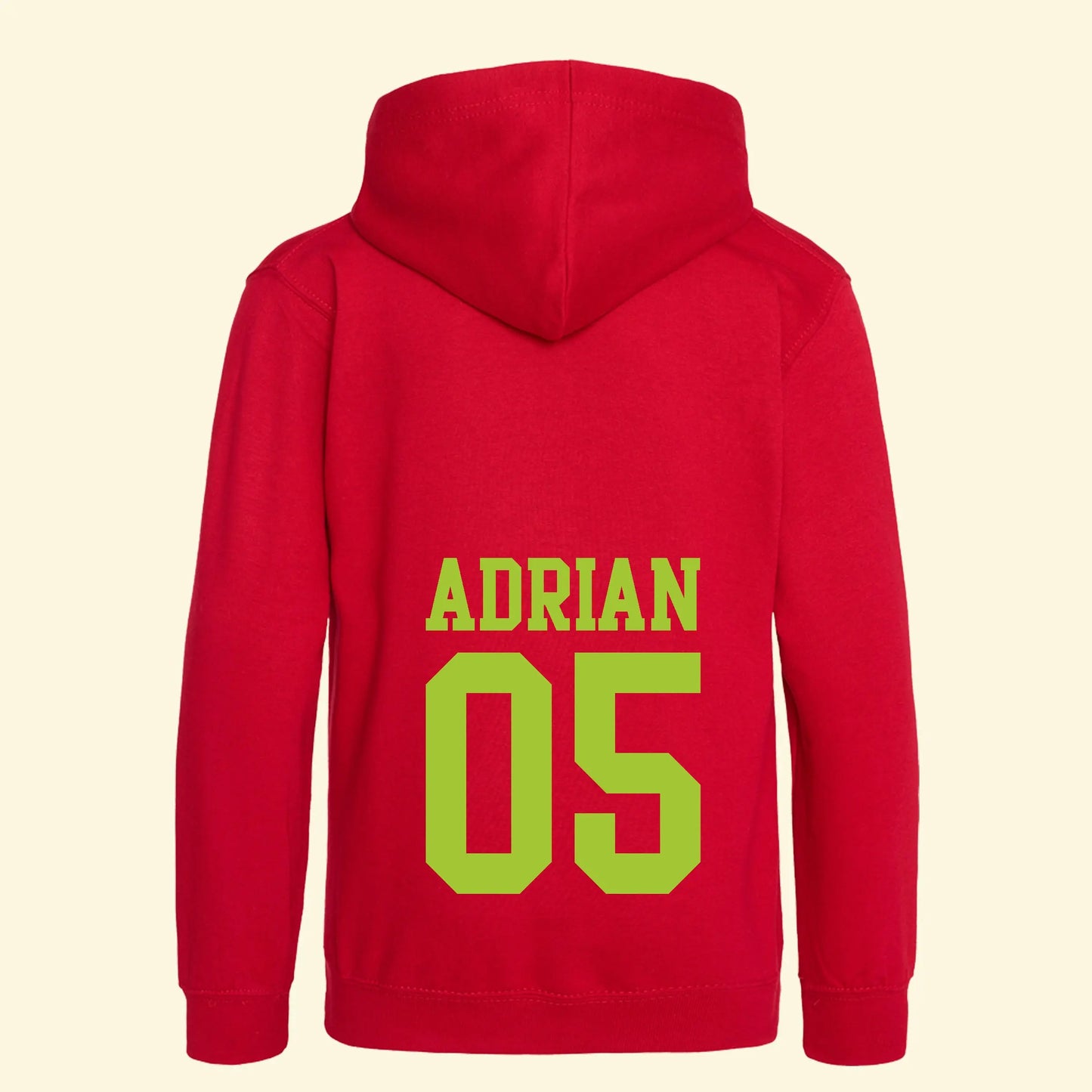 Red hoodie with the name Adrian and 05 printed on the back in green.