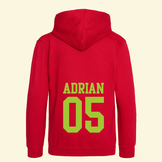 Red hoodie with the name Adrian and 05 printed on the back in green.