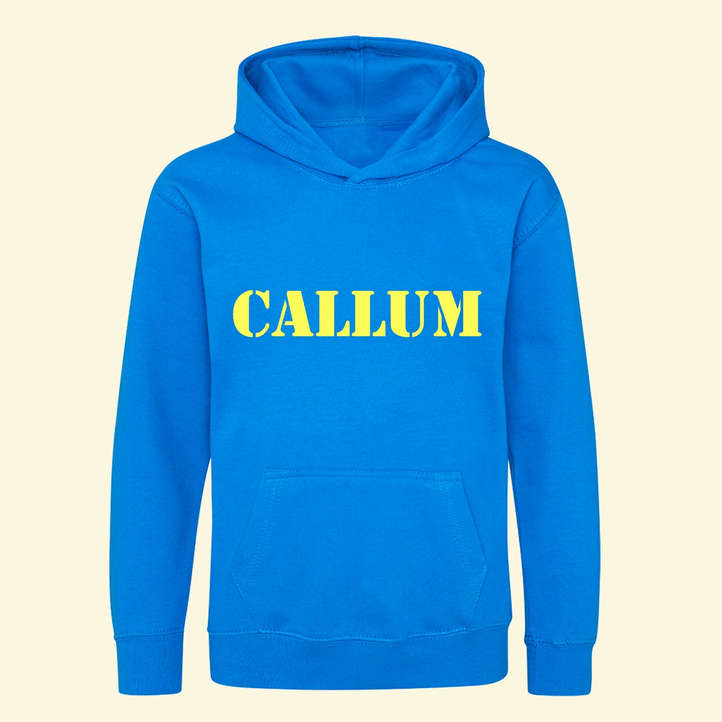 Aqua blue hoodie with the name Callum on the front in an army style font in yellow print