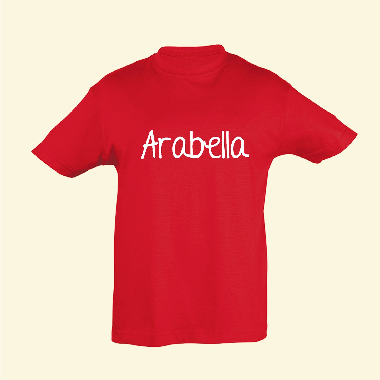 Red t shirt with the name Arabella printed across the front in white