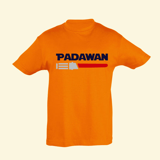 Orange t shirt with Padawan and a red light saber printed on the front