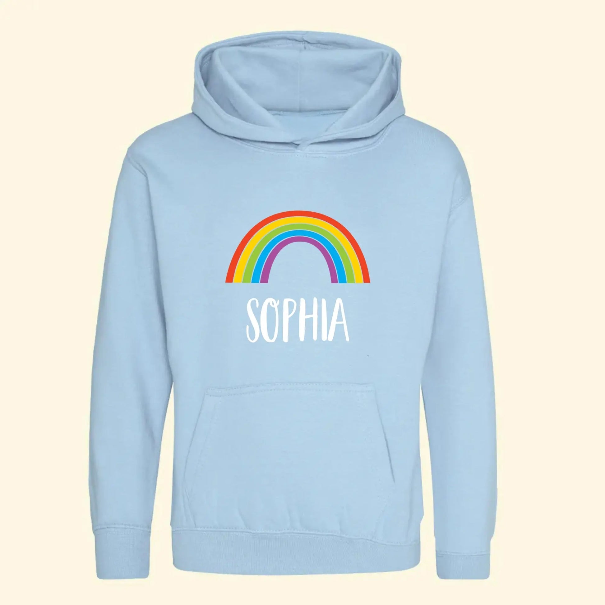 Light blue hoodie with a colourful rainbow and the name Sophia printed on the front
