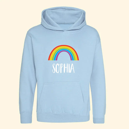Light blue hoodie with a colourful rainbow and the name Sophia printed on the front