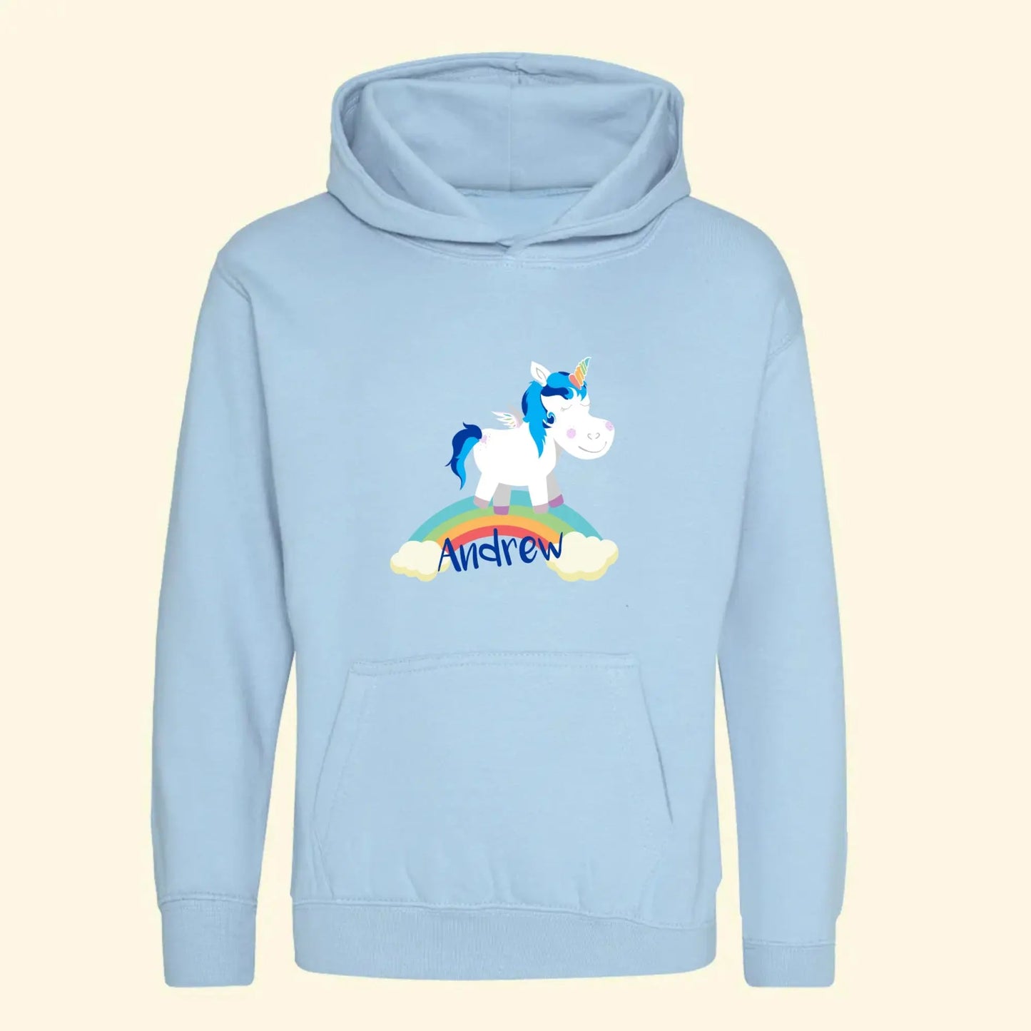Light blue hoodie with a unicorn standing on a rainbow and the name Andrew printed on the front.