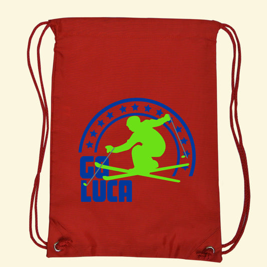 Red gym bag with a ski design and Go Luca printed on the front