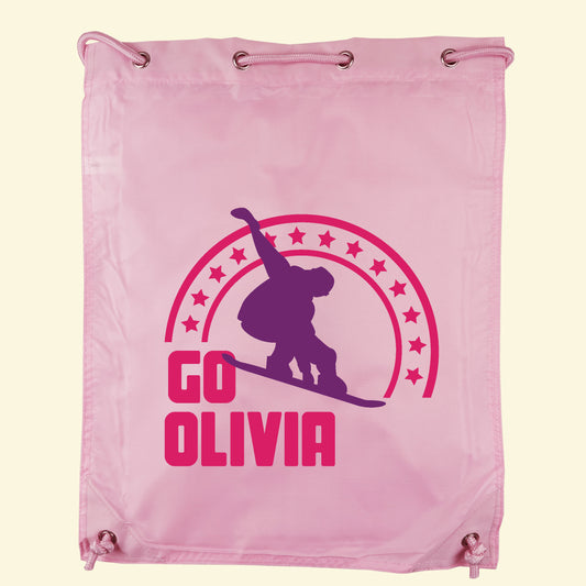 Light pink gym bag with a snowboarder and Go Olivia printed on the front in fuchsia pink and purple