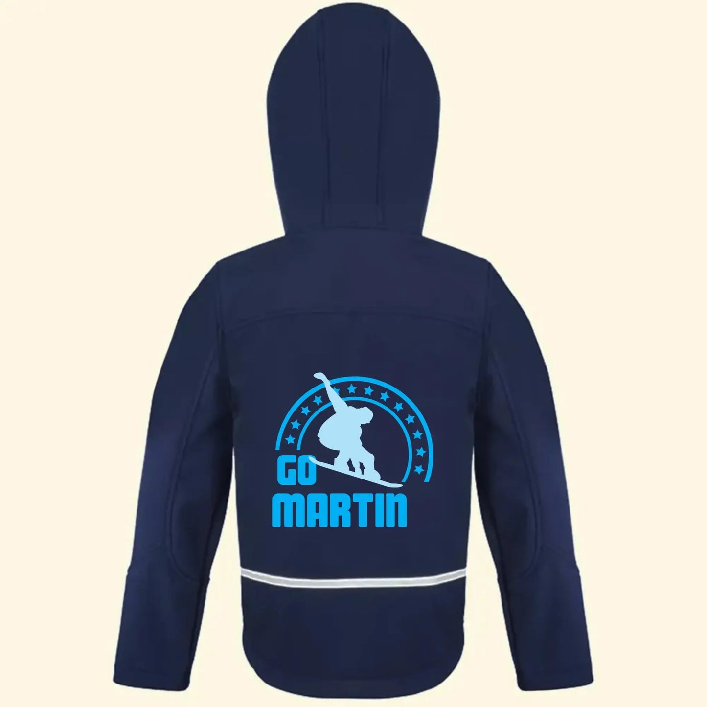 Navy softshell jacket with a snowboarder and Go Martin printed on the back