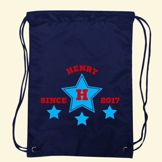 Navy gym bag with a star design and the text Harry, H and Since 2017