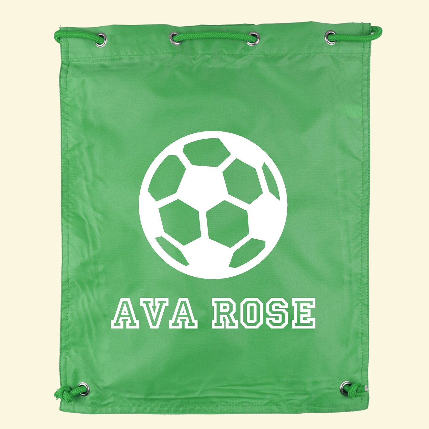 Green gym bag with a football illustration and the name Ava Rose printed on the front