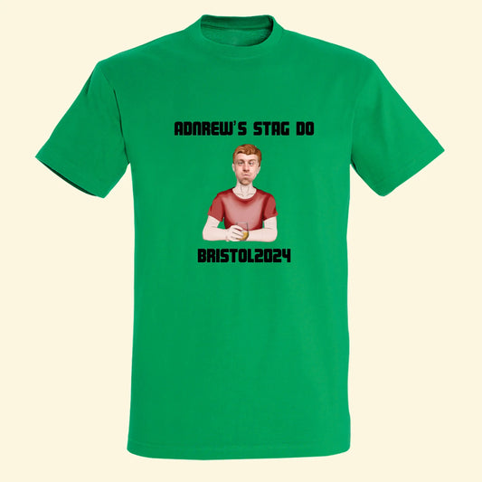 Green t shirt with a custom picture of a man holding a glass, with a photo uploaded for the face (of the groom to be). Above the image is Andrew's stag do and below Bristol 2024