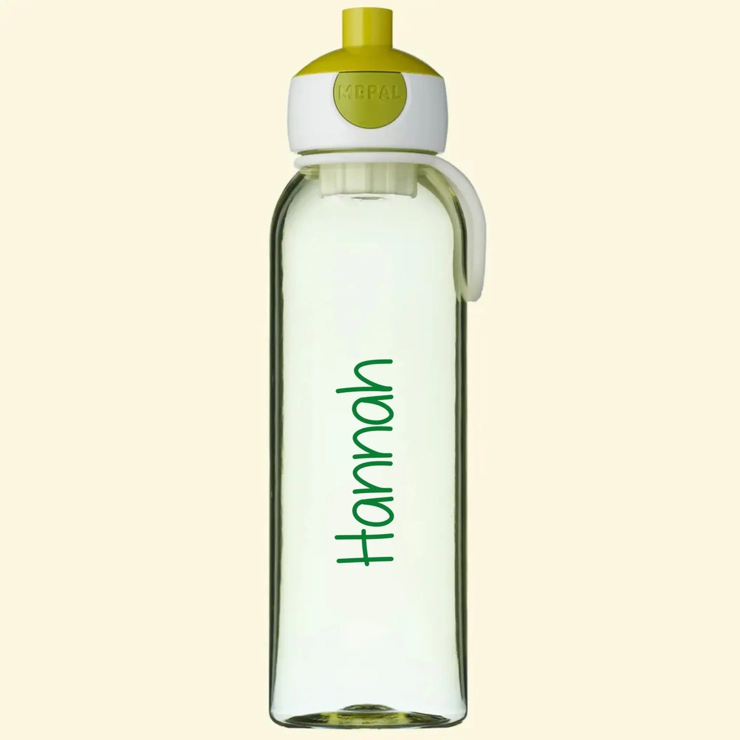 Lime green mepal campus water bottle with the name Hannah printed in green