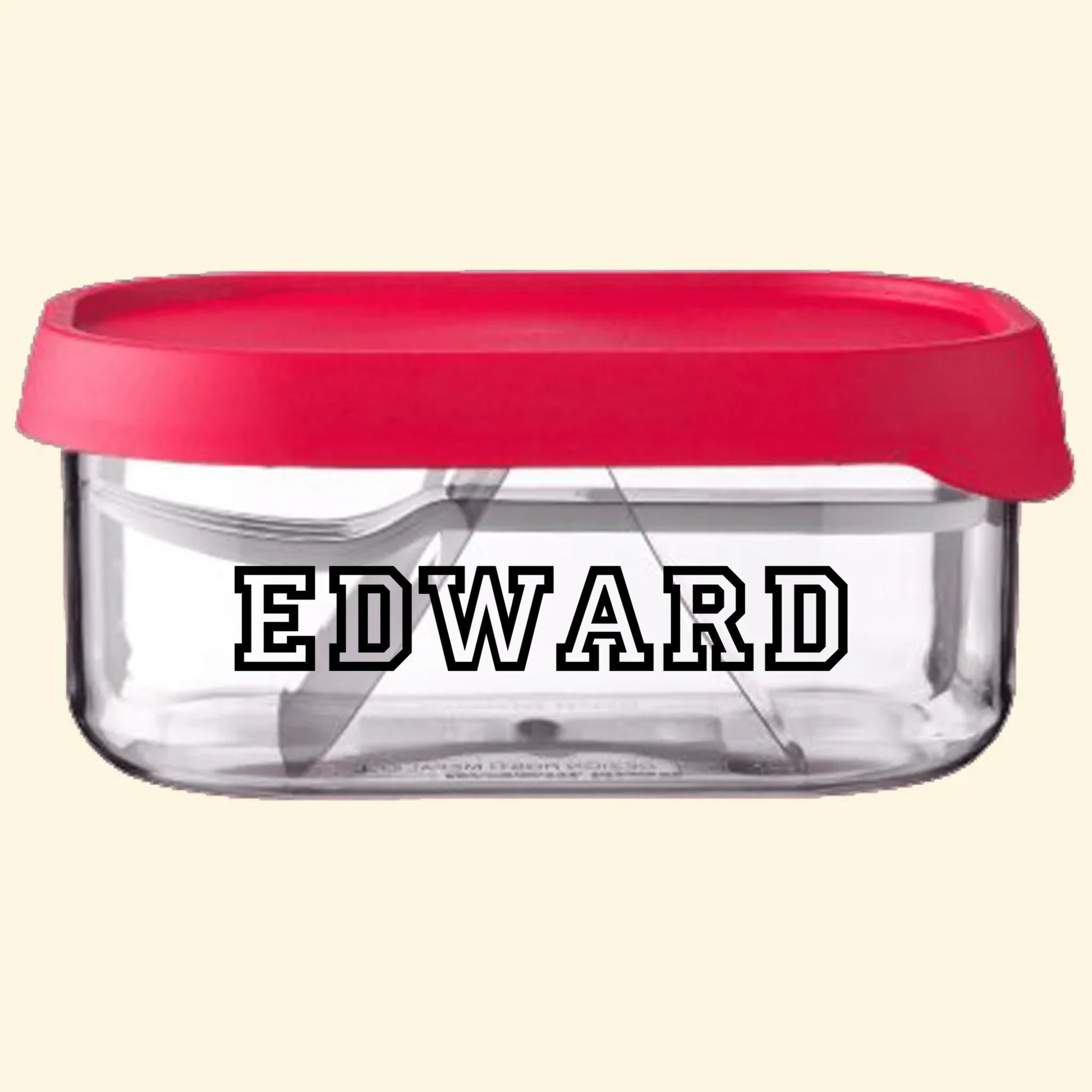 Mepal fruit box with red lid, the name Edward printed on the side of the clear base