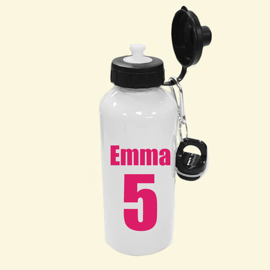 White aluminium water bottle with the name Emma and the number 5 printed in pink on the front