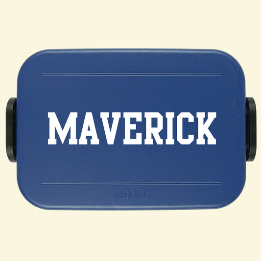 Nordic Denim lunch box to go with the name Maverick printed in white across the centre of the lid