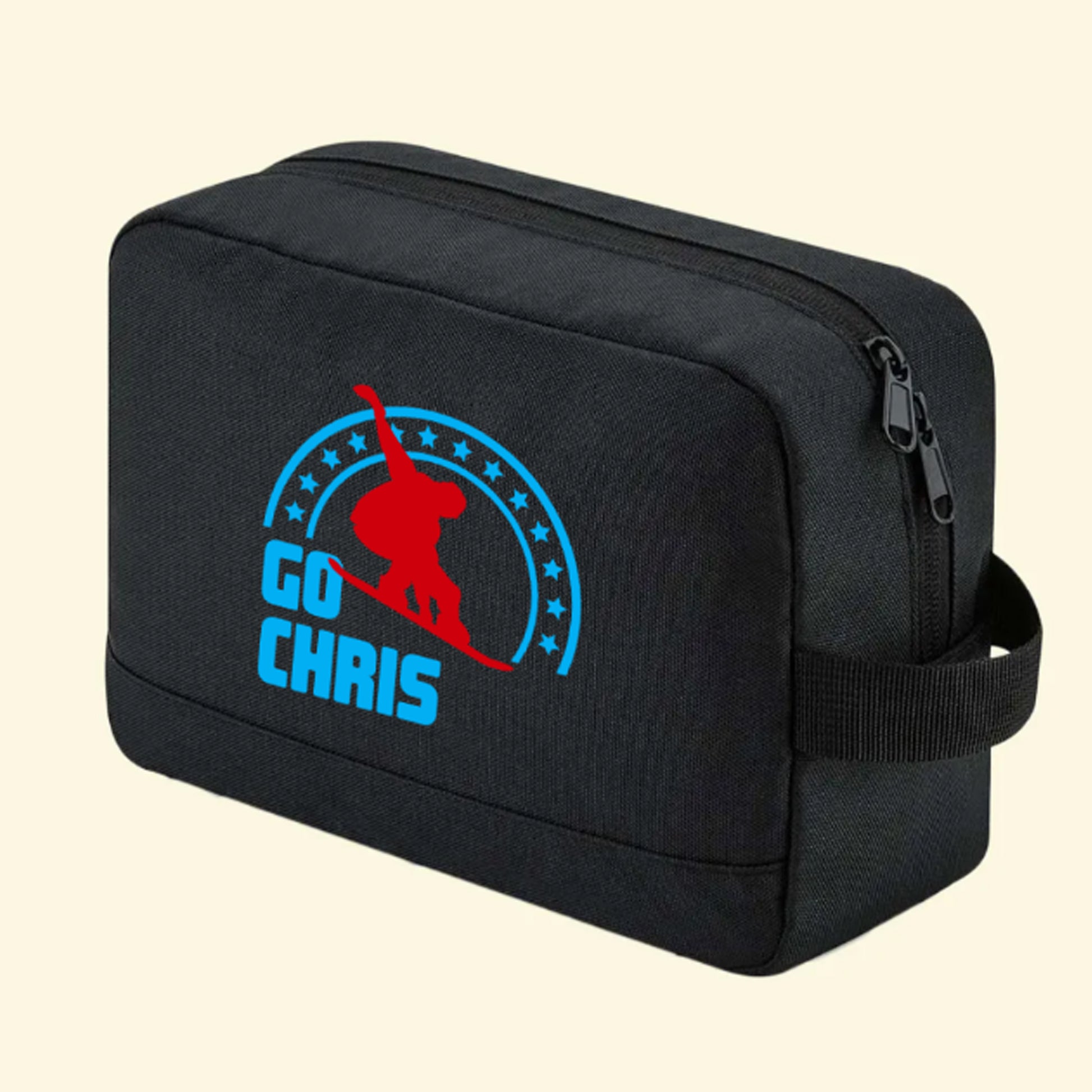 Black personalised wash bag with a snowboarder design and the text Go Chris printed on one side