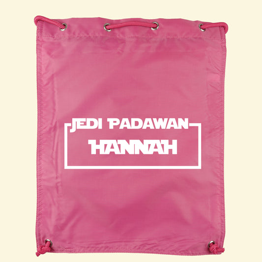 Pink gym swim bag with a Star Wars film surround with Jedi Padawan and the name Hannah in the centre of the surround printed in white