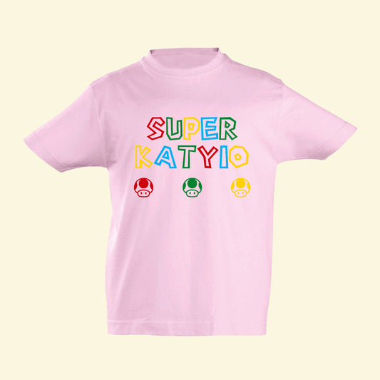 Light pink t shirt with Super Katyio with three mushrooms printed on the front of the t shirt