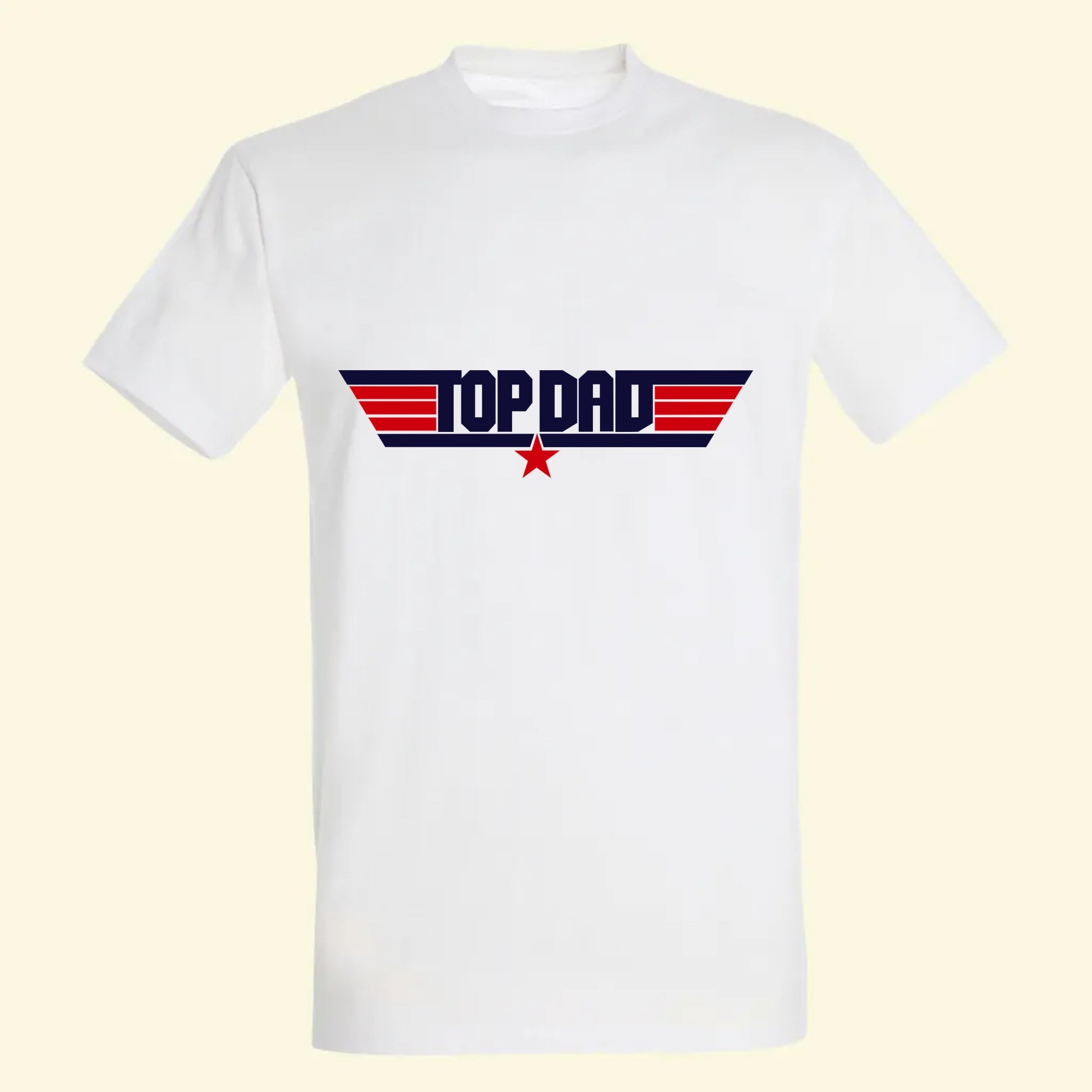 White t shirt with a top gun style design with Top Dad in Navy Blue and Red stripes and star