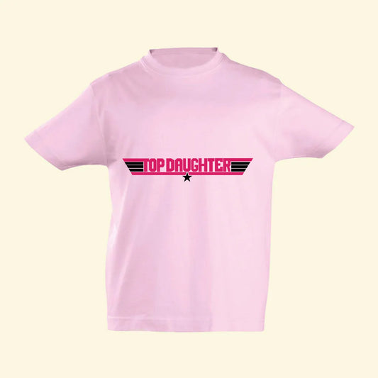 Light pink t shirt with a top gun inspired design with Top Daughter in fuchsia pink with black stripes and star