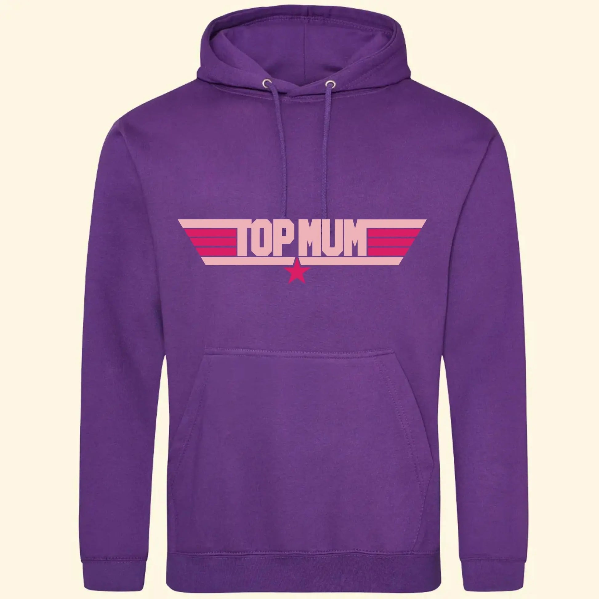 Purple hoodie with a top gun inspired design, printed with Top Mum in light pink and stripes and a star in fuchsia pink