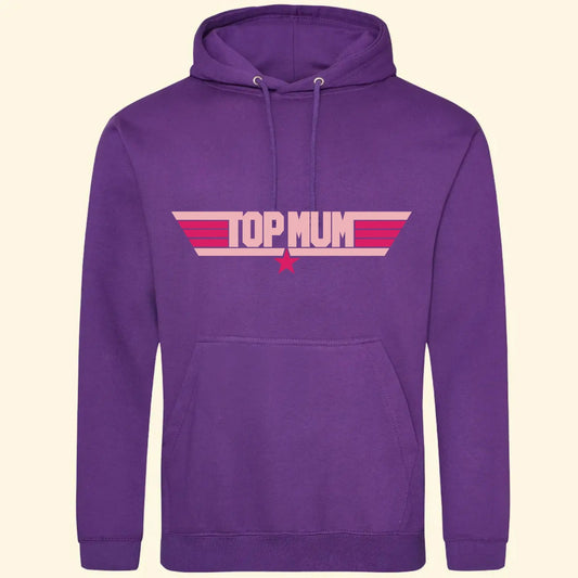 Purple hoodie with a top gun inspired design, printed with Top Mum in light pink and stripes and a star in fuchsia pink