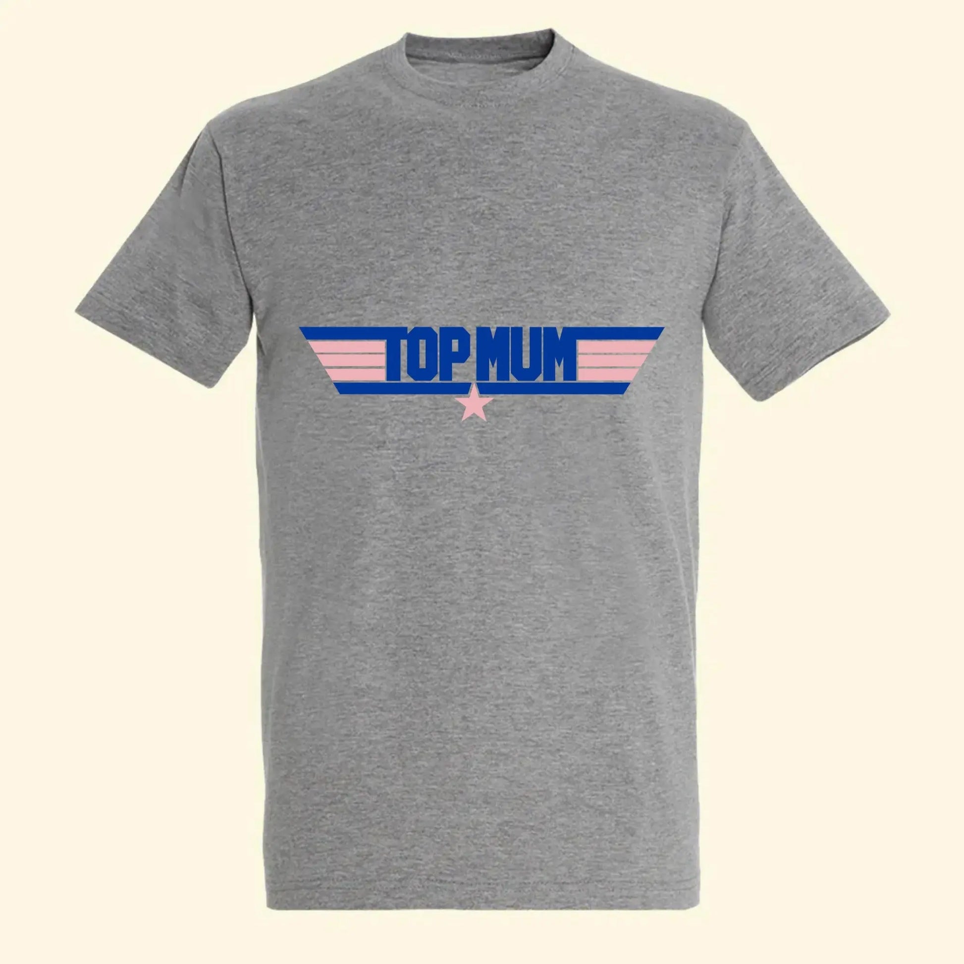 Grey t shirt with Top Mum printed on the front along side stars and stripes. In the style of Top Gun. The print colours are royal blue and light pink.
