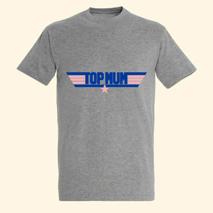 Grey t shirt with Top Mum printed on the front along side stars and stripes. In the style of Top Gun. The print colours are royal blue and light pink.